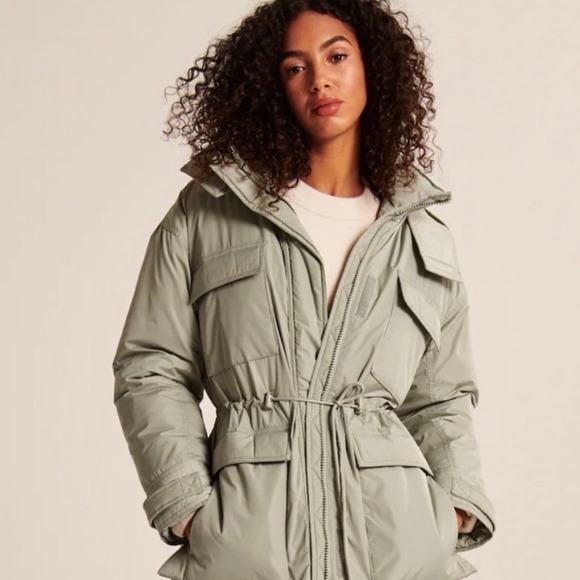 Abercrombie Fitch Womens Green Utility Parka Jacket Drawstring Waist Hooded - Picture 2 of 9